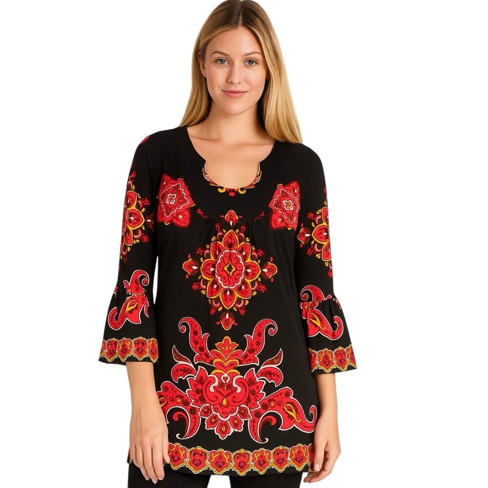 INC International Concepts Top Women’s Size Medium Black Red Floral Bell Sleeve